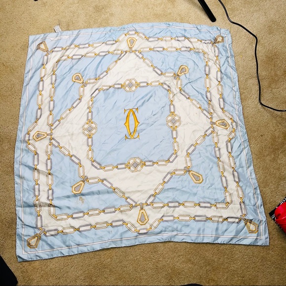 Cartier VTG Silk Chain Print Baby Blue Scarf - Picture 2 of 7